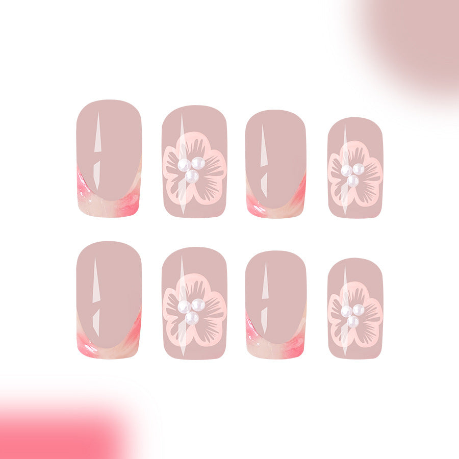 Wholesale Short glossy French relief flower pearl wearable nail art 24 pieces